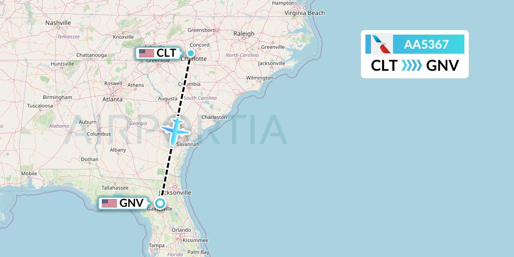 AA5367 American Airlines Flight Map: Charlotte to Gainesville