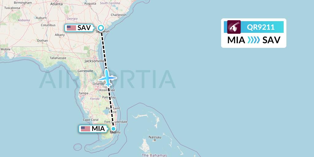 QR9211 Qatar Airways Flight Map: Miami to Savannah