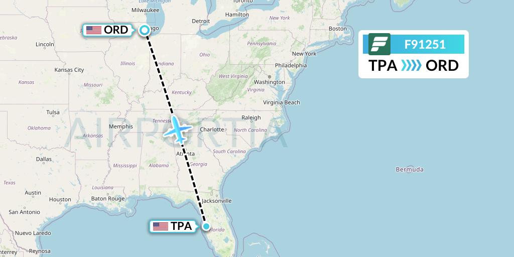 F91251 Frontier Airlines Flight Map: Tampa to Chicago