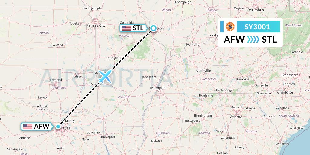 SY3001 Sun Country Airlines Flight Map: Fort Worth to St. Louis