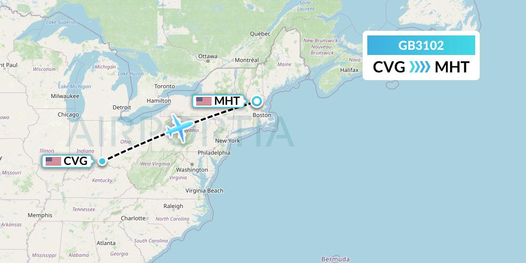 GB3102 ABX Air Flight Map: Cincinnati to Manchester