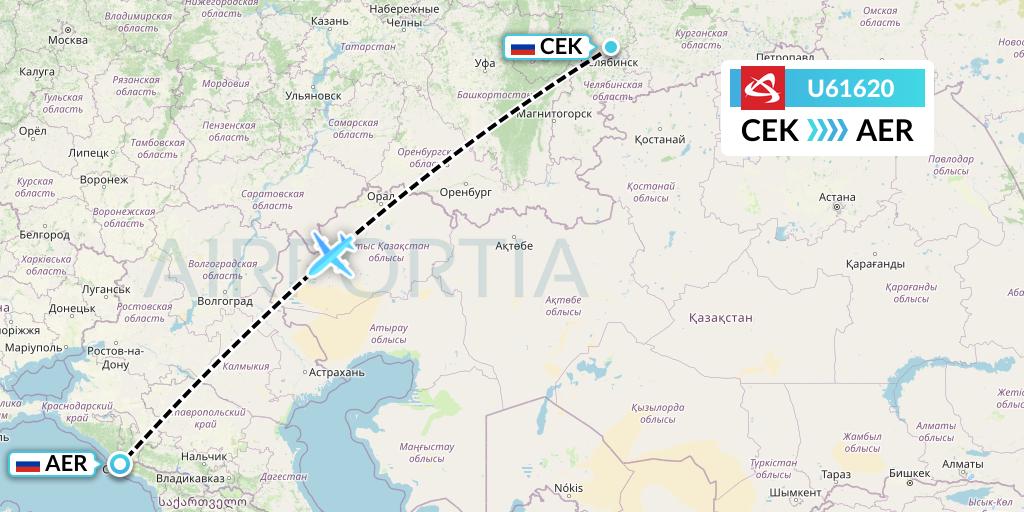 U61620 Ural Airlines Flight Map: Chelyabinsk to Sochi