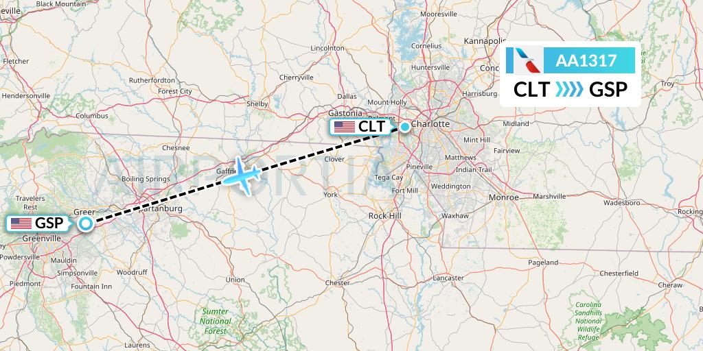 AA1317 American Airlines Flight Map: Charlotte to Greenville-Spartanburg