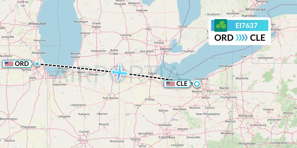 EI7637 Aer Lingus Flight Map: Chicago to Cleveland