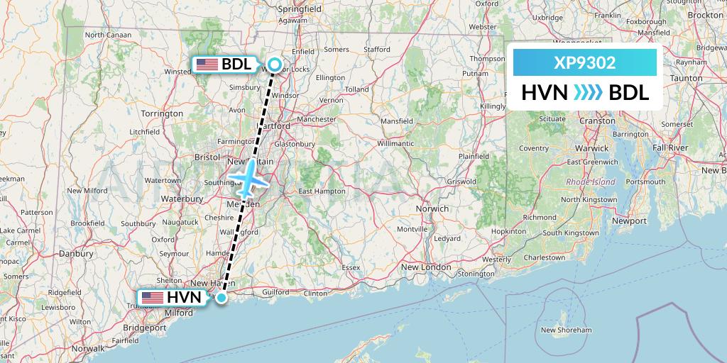 XP9302 Avelo Airlines Flight Map: New Haven to Windsor Locks