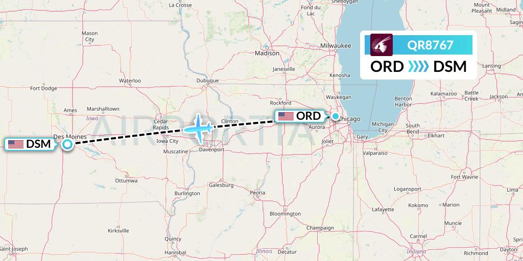 QR8767 Qatar Airways Flight Map: Chicago to Des Moines