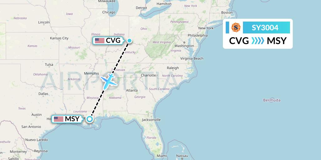 SY3004 Sun Country Airlines Flight Map: Cincinnati to New Orleans