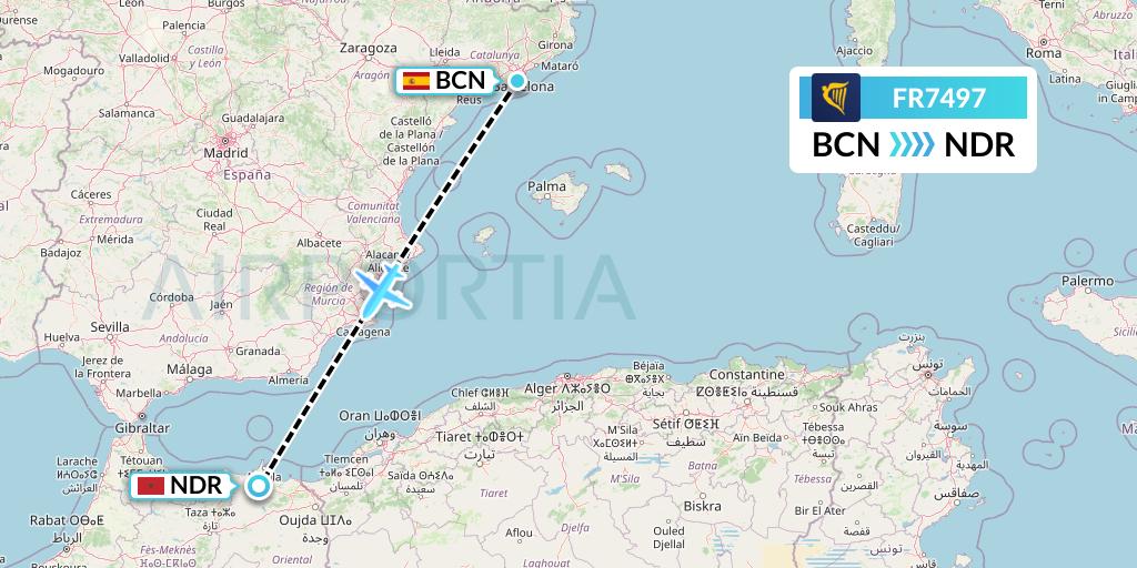 FR7497 Ryanair Flight Map: Barcelona to Nador