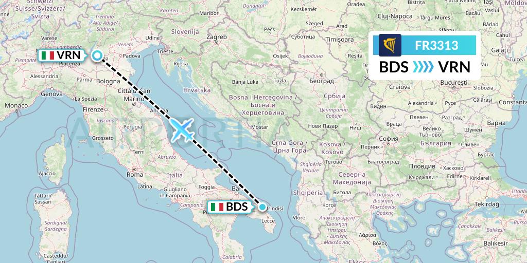 FR3313 Ryanair Flight Map: Brindisi to Verona