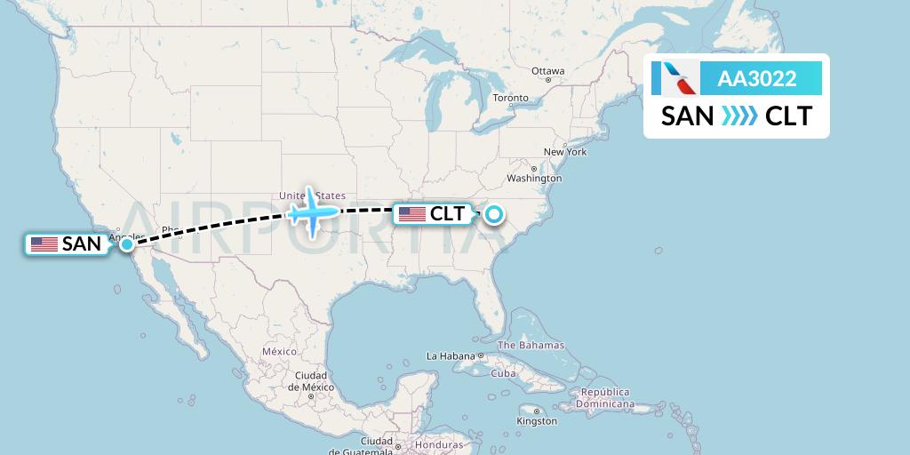AA3022 American Airlines Flight Map: San Diego to Charlotte