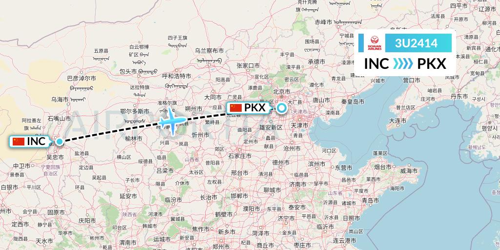 3U2414 Sichuan Airlines Flight Map: Yinchuan to Beijing
