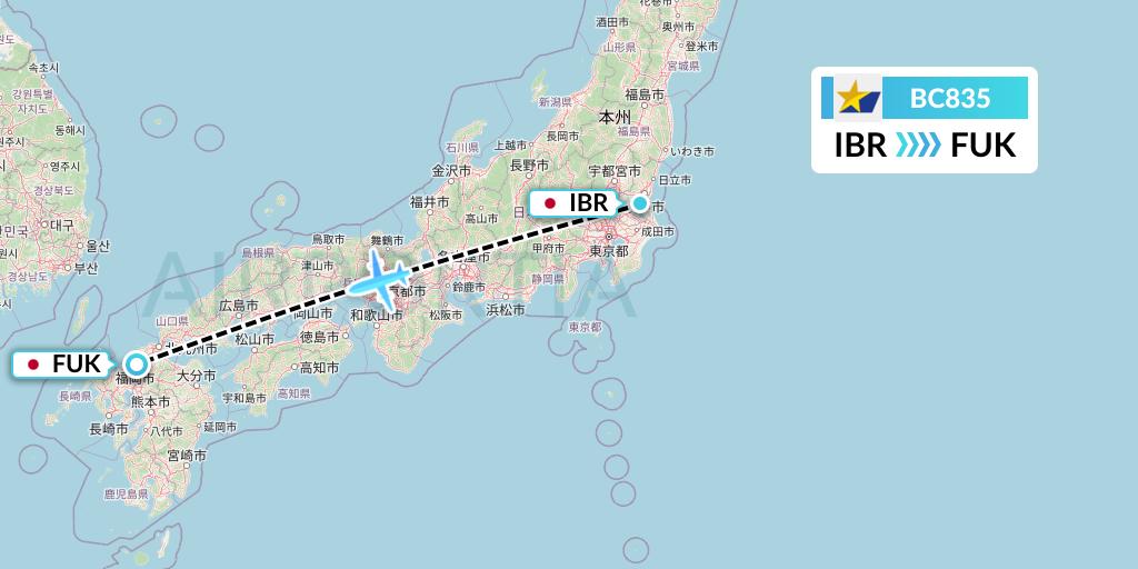 BC835 Skymark Airlines Flight Map: Omitama to Fukuoka