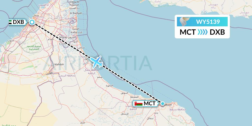 WY5139 Oman Air Flight Map: Muscat to Dubai