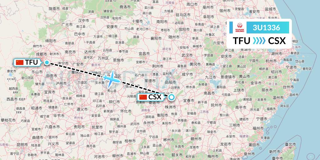 3U1336 Sichuan Airlines Flight Map: Chengdu to Changsha