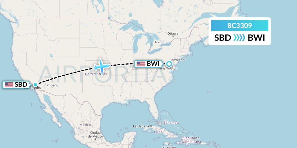 8C3309 Air Transport International Flight Map: San Bernardino to Baltimore