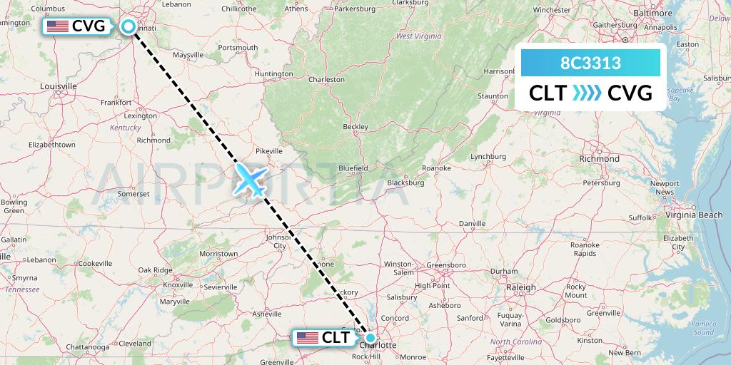8C3313 Air Transport International Flight Map: Charlotte to Cincinnati