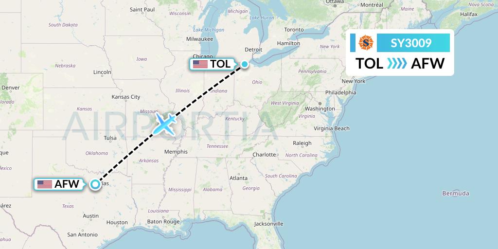 SY3009 Sun Country Airlines Flight Map: Toledo to Fort Worth