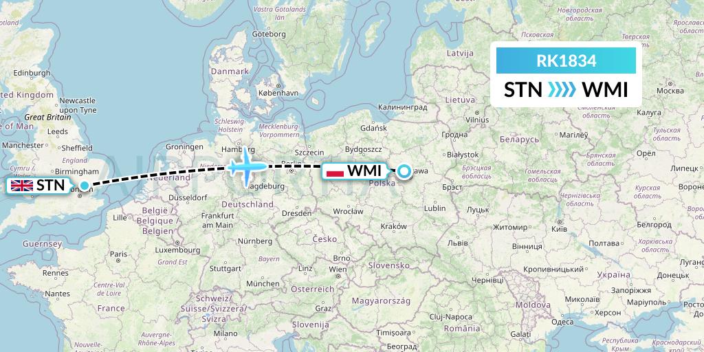 RK1834 Ryanair UK Flight Map: London to Warsaw
