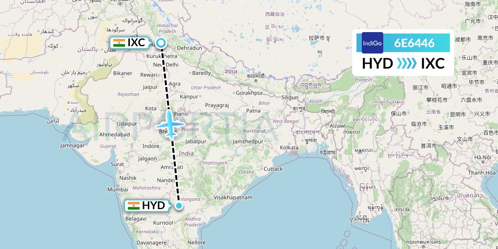 6E6446 IndiGo Airlines Flight Map: Hyderabad to Chandigarh