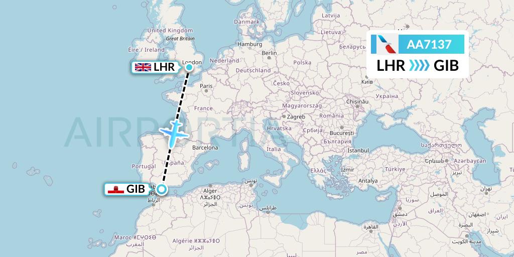 AA7137 American Airlines Flight Map: London to Gibraltar