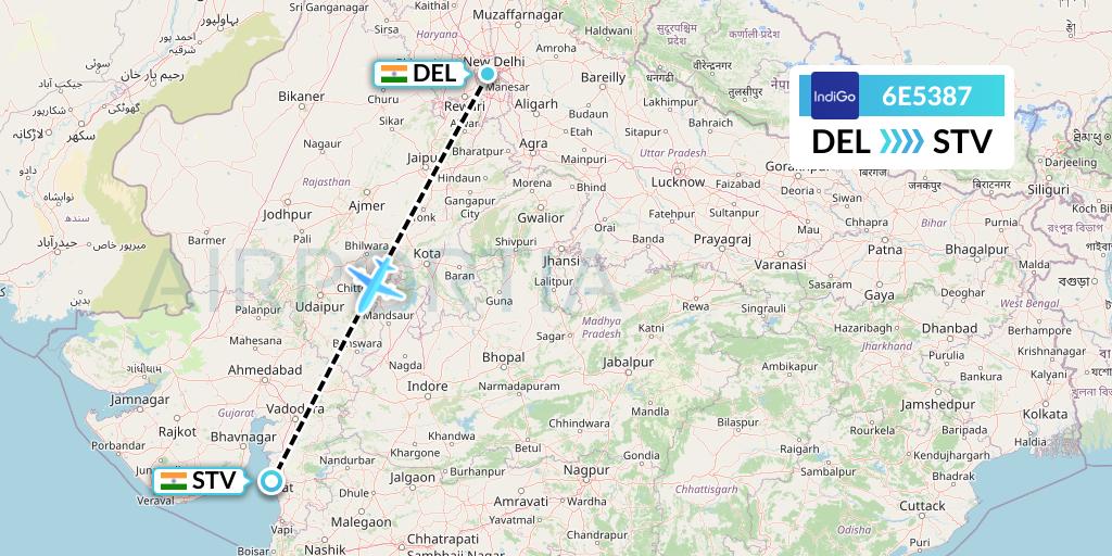 6E5387 IndiGo Airlines Flight Map: Delhi to Surat