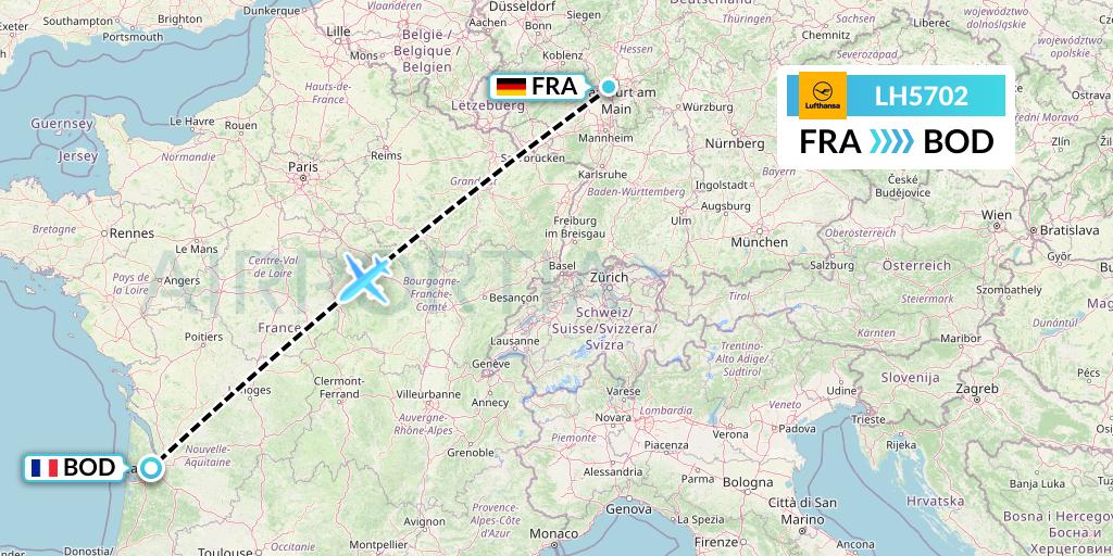 LH5702 Lufthansa Flight Map: Frankfurt to Bordeaux