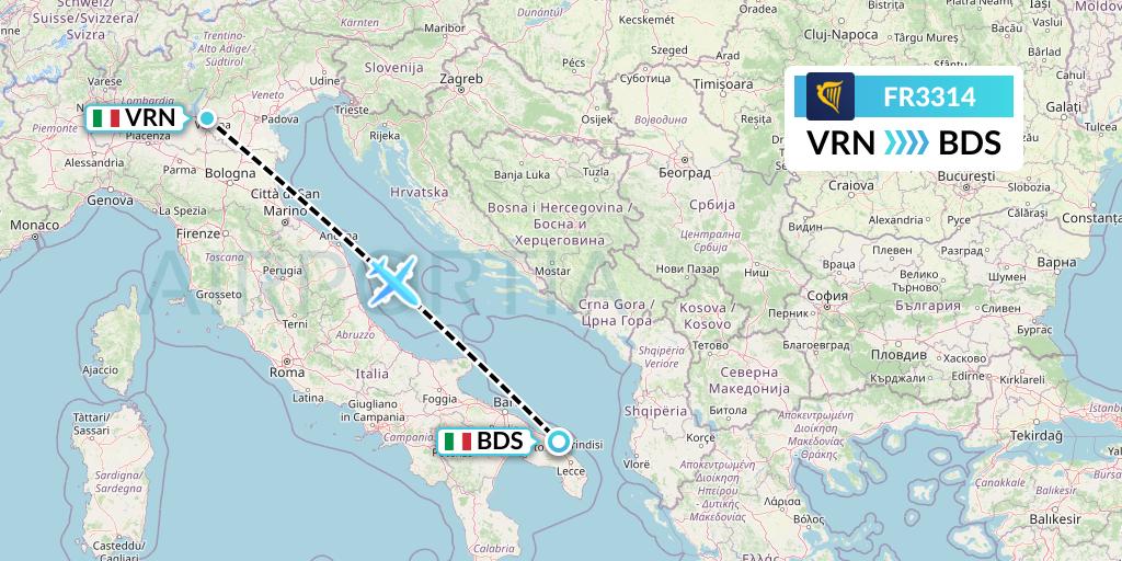 FR3314 Ryanair Flight Map: Verona to Brindisi