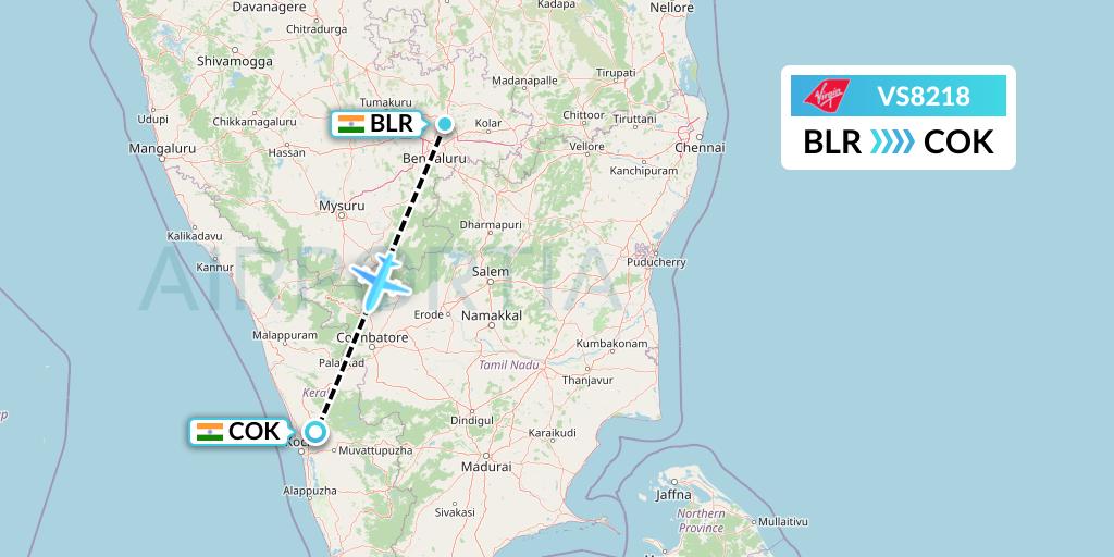 VS8218 Virgin Atlantic Airways Flight Map: Bangalore to Cochin