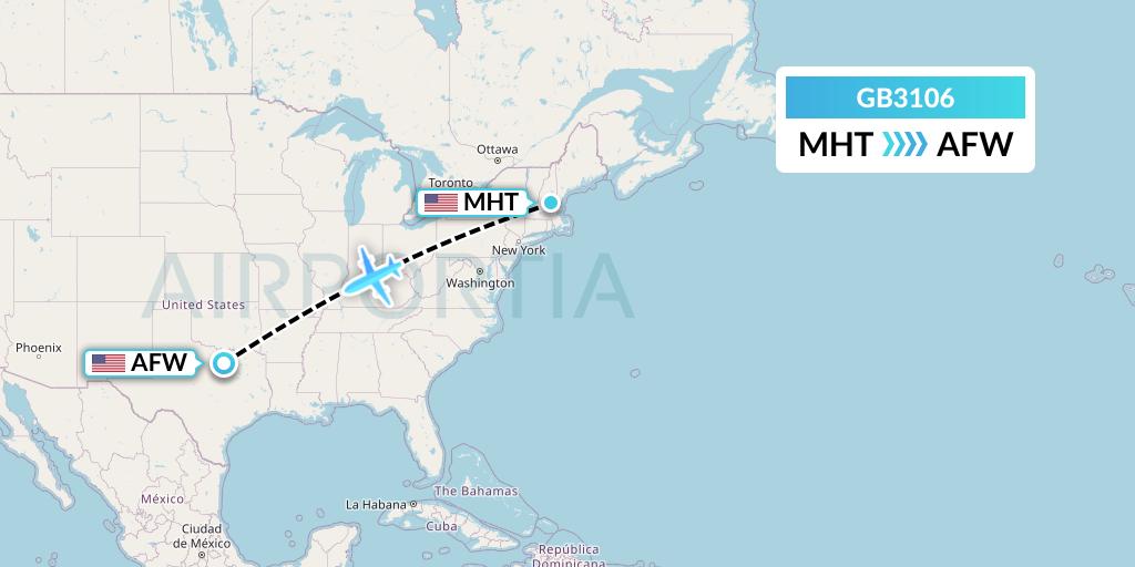 GB3106 ABX Air Flight Map: Manchester to Fort Worth