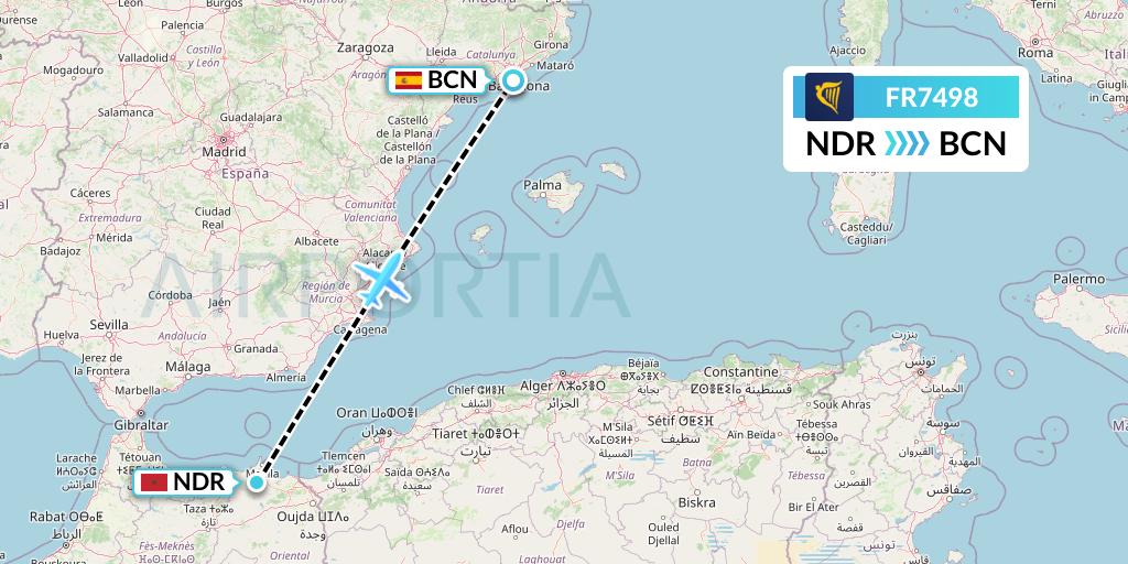 FR7498 Ryanair Flight Map: Nador to Barcelona