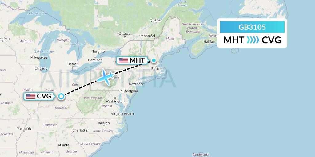 GB3105 ABX Air Flight Map: Manchester to Cincinnati