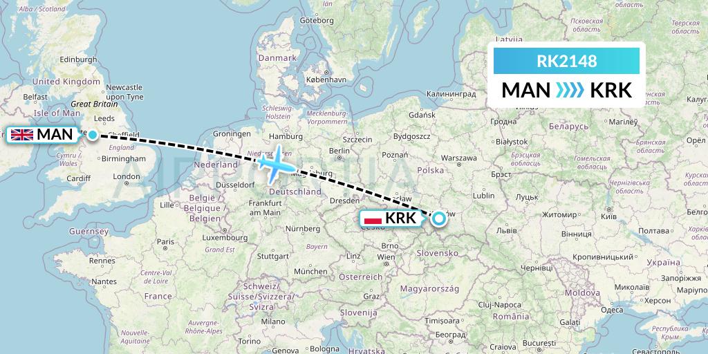 RK2148 Ryanair UK Flight Map: Manchester to Krakow