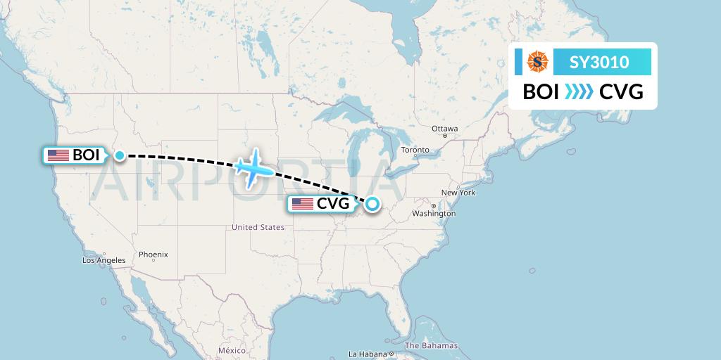 SY3010 Sun Country Airlines Flight Map: Boise to Cincinnati