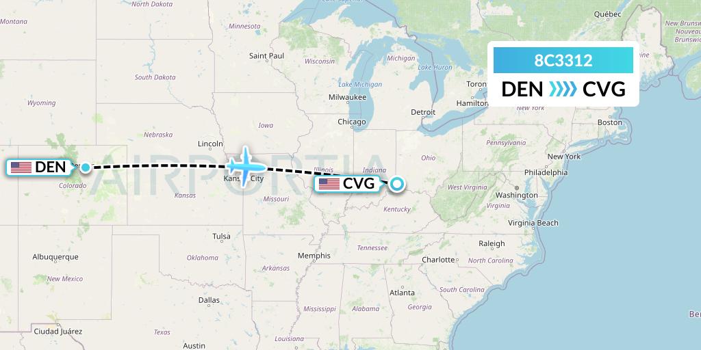 8C3312 Air Transport International Flight Map: Denver to Cincinnati