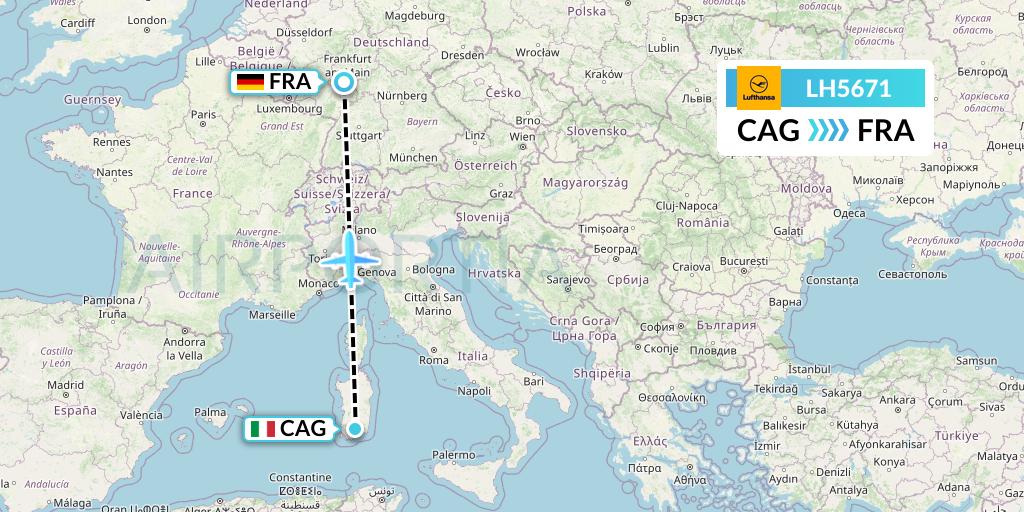 LH5671 Lufthansa Flight Map: Cagliari to Frankfurt