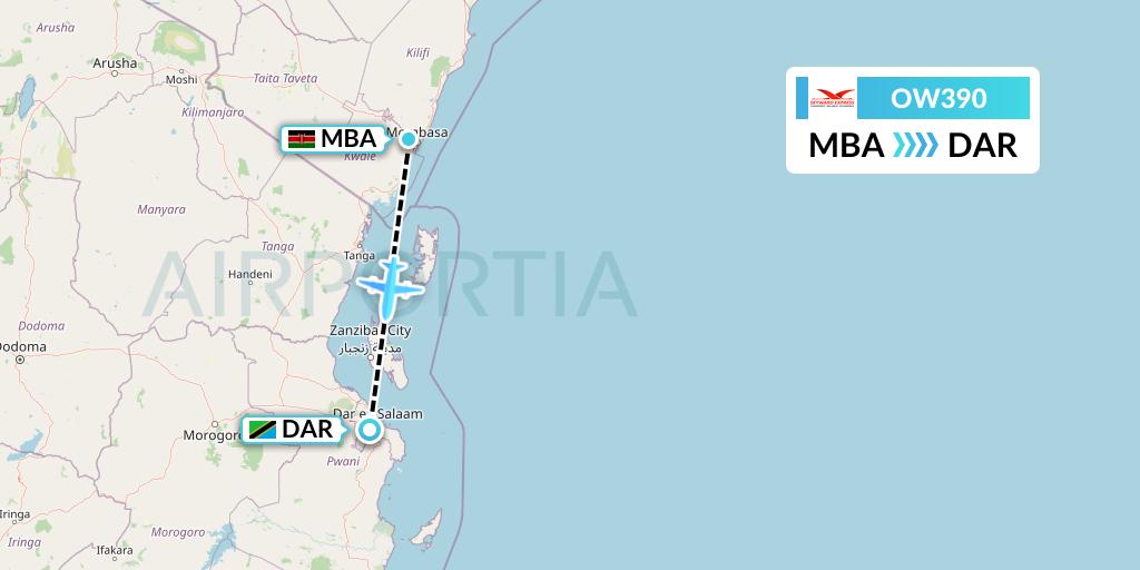 OW390 Skyward Express Flight Map: Mombasa to Dar-es-Salaam