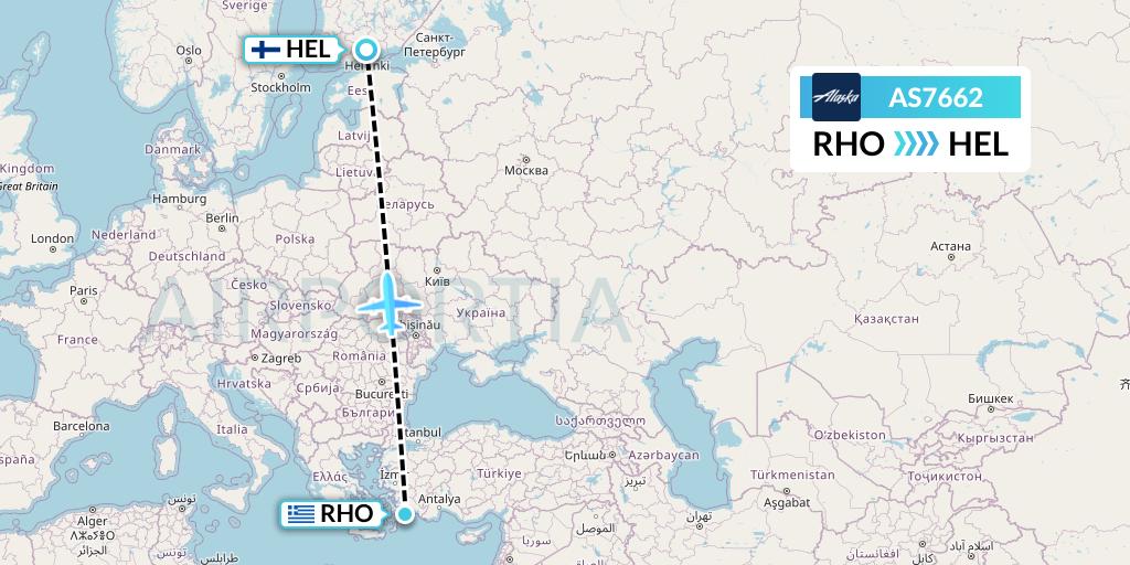AS7662 Alaska Airlines Flight Map: Rhodes to Helsinki