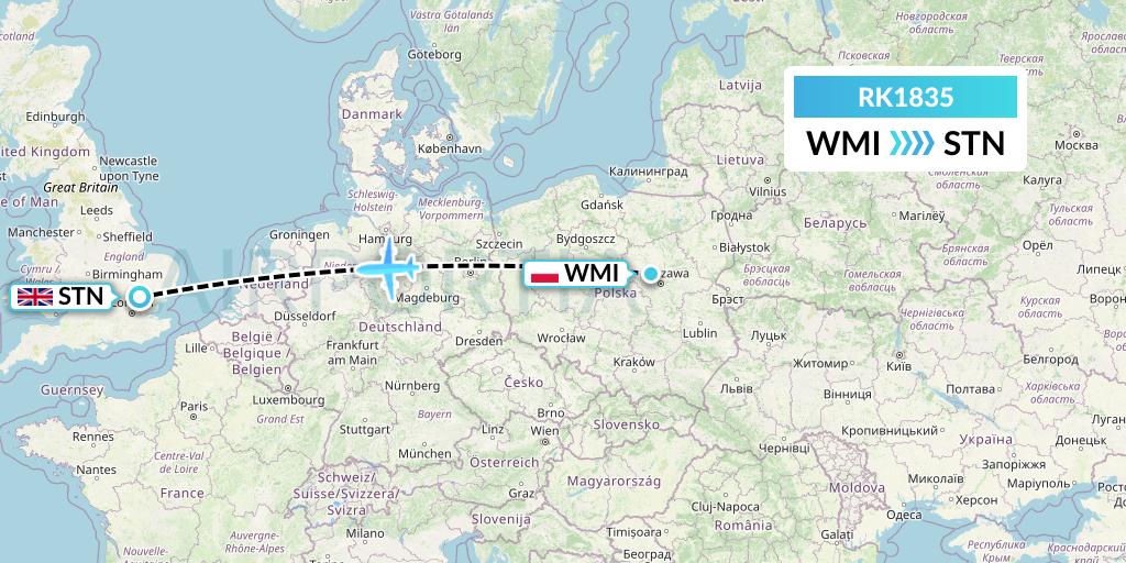 RK1835 Ryanair UK Flight Map: Warsaw to London