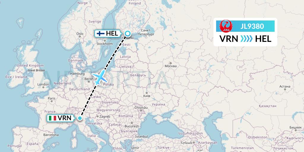 JL9380 Japan Airlines Flight Map: Verona to Helsinki