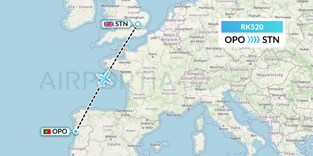 RK520 Ryanair UK Flight Map: Porto to London