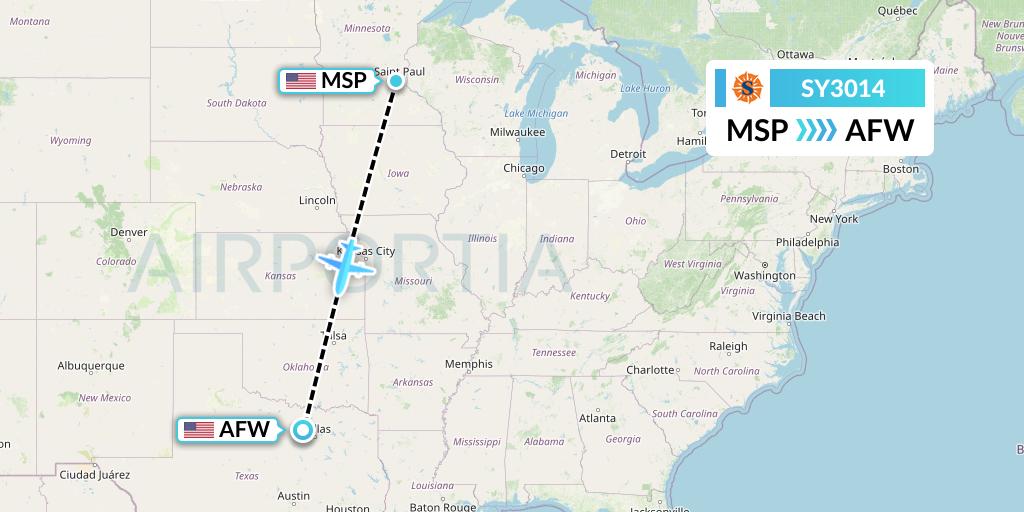 SY3014 Sun Country Airlines Flight Map: Minneapolis to Fort Worth