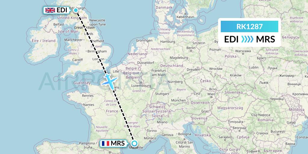 RK1287 Ryanair UK Flight Map: Edinburgh to Marseille