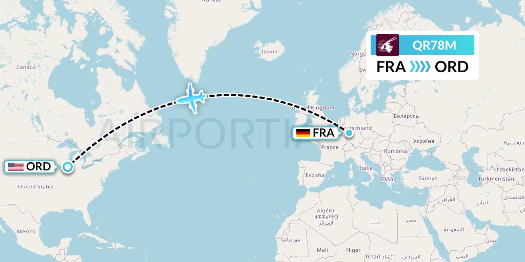 QR78M Qatar Airways Flight Map: Frankfurt to Chicago