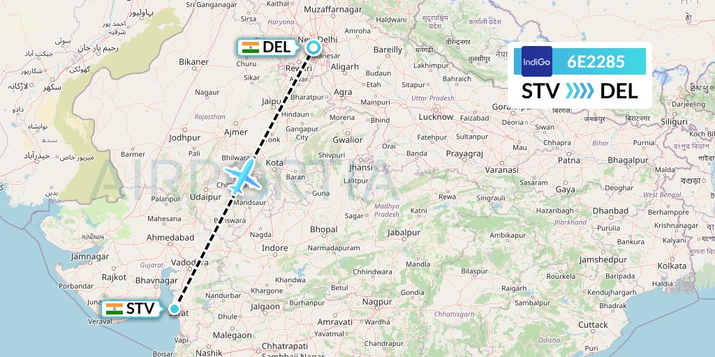6E2285 IndiGo Airlines Flight Map: Surat to Delhi
