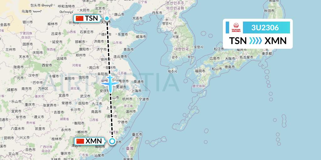 3U2306 Sichuan Airlines Flight Map: Tianjin to Xiamen