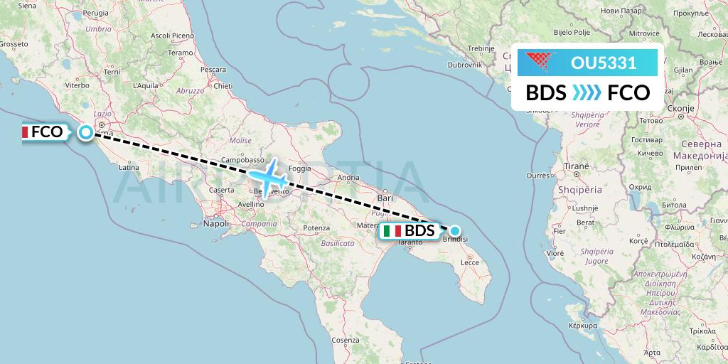 OU5331 Croatia Airlines Flight Map: Brindisi to Rome