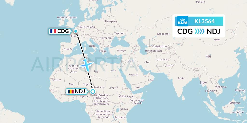KL3564 KLM Flight Map: Paris to N'Djamena