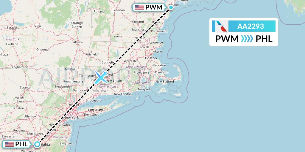 AA2293 American Airlines Flight Map: Portland to Philadelphia