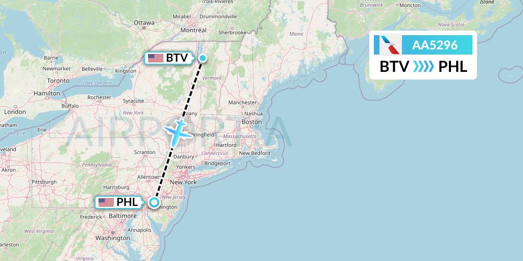 AA5296 American Airlines Flight Map: Burlington to Philadelphia