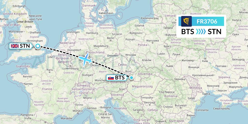 FR3706 Ryanair Flight Map: Bratislava to London